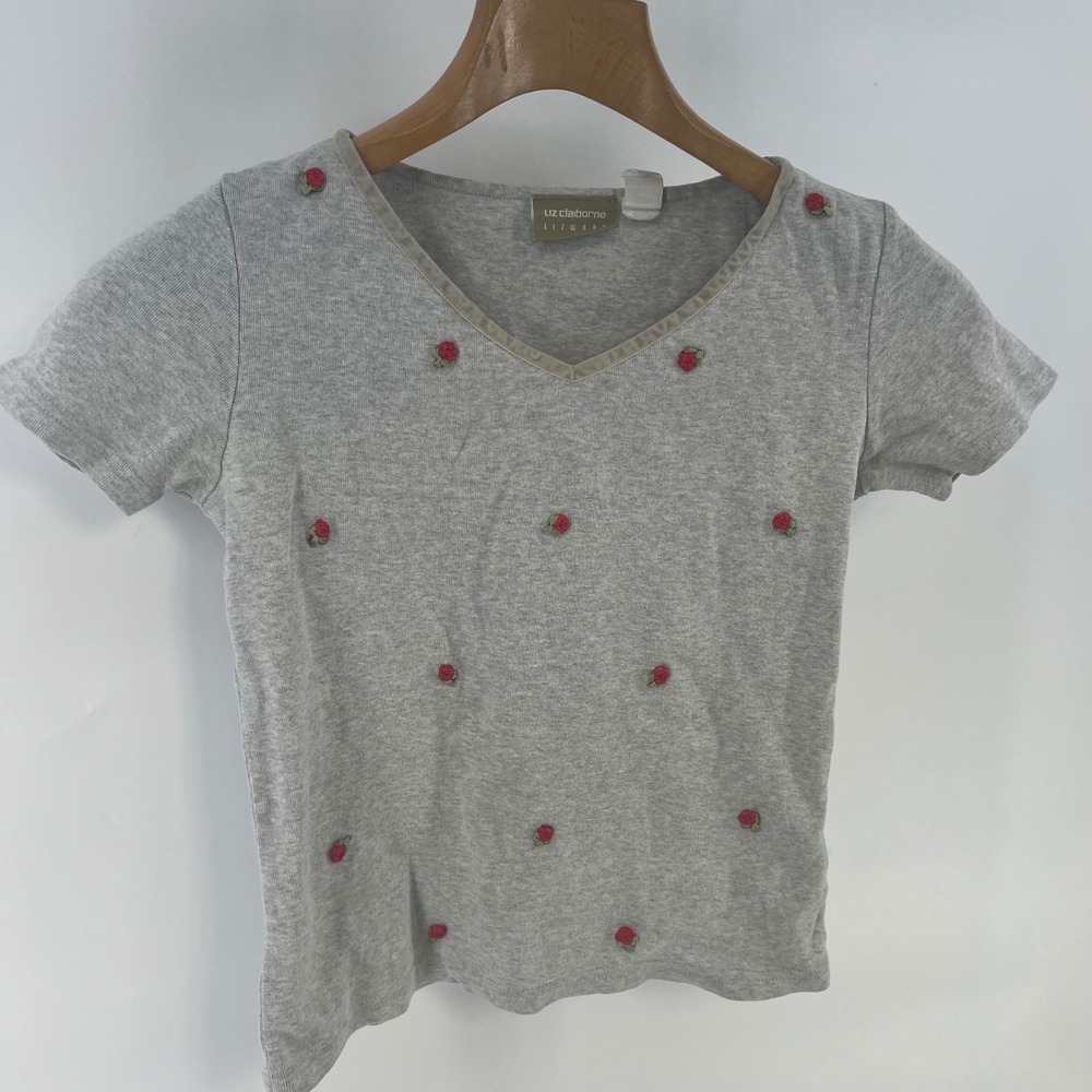 Liz Claiborne Lizwear Vintage Gray Ribbon Rose Baby Tee V-Neck T-Shirt Small - Picture 2 of 8